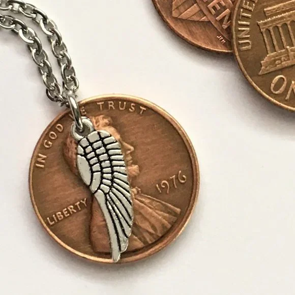 1959-1969 Lucky Penny Necklace Angel Wing Memorial Stainless Steel Coin Money - Picture 4 of 11